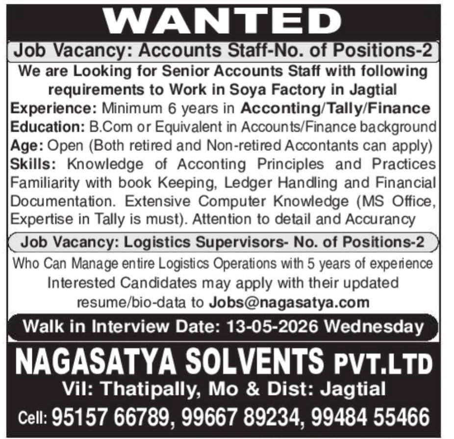 Hiring Accounts and Logistics Staff at Nagasatya Solvents