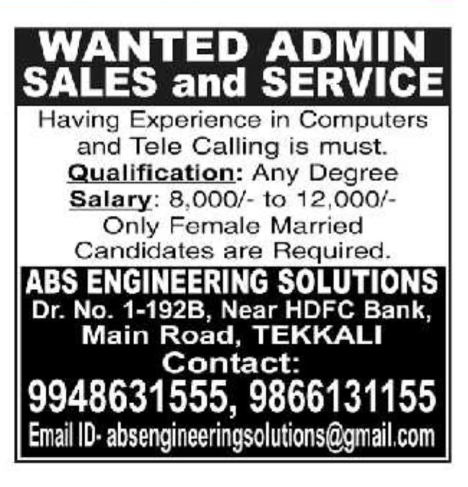 Hiring: Admin, Sales & Service (Tekkali)