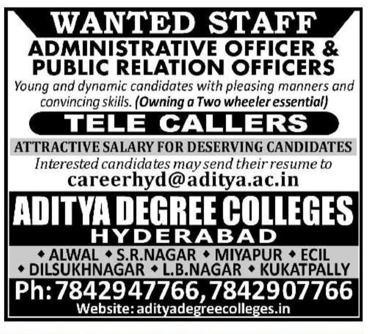 Hiring Administrative and PR Staff at Aditya Degree Colleges