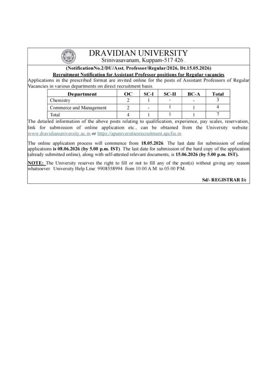 Hiring: Assistant Professor at Dravidian University