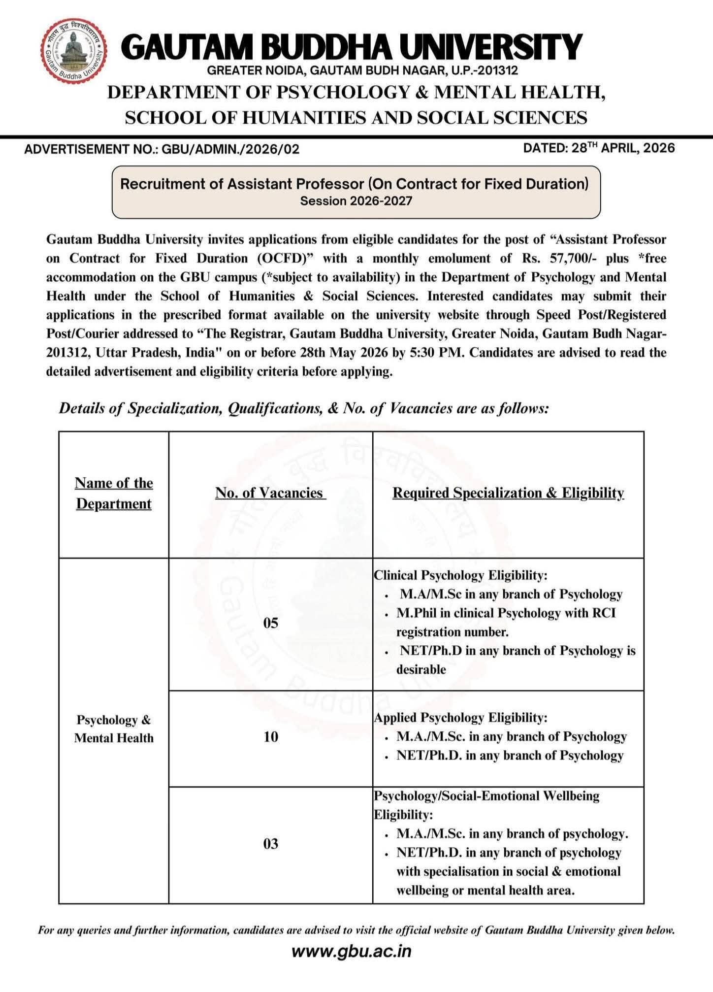 Hiring: Assistant Professor (Contract) at Gautam Buddha University
