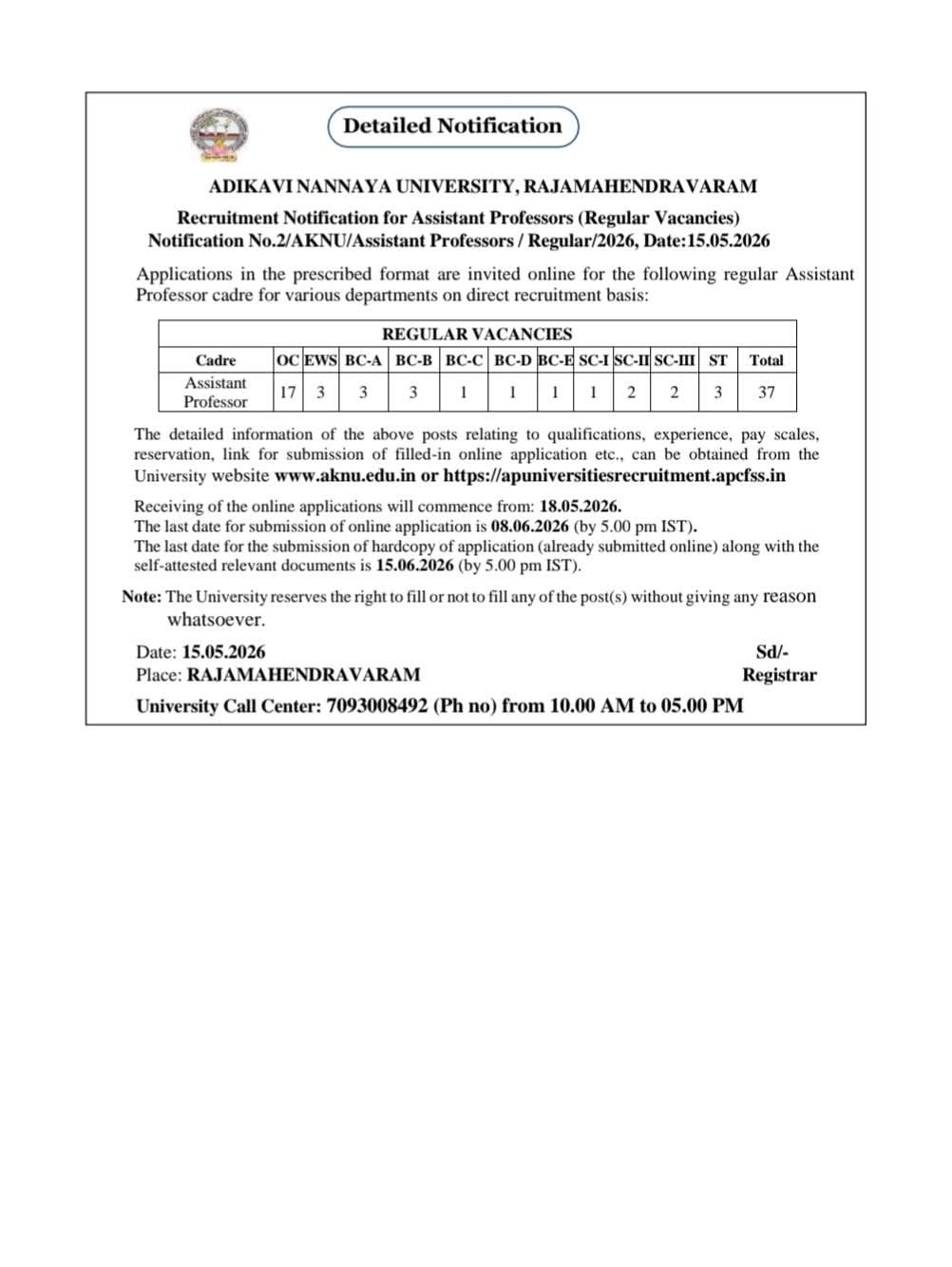 Hiring Assistant Professors at Adikavi Nannaya University