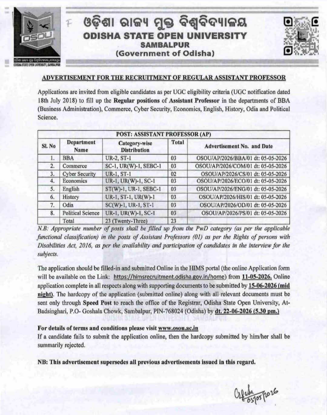 Hiring: Assistant Professors at Odisha State Open University