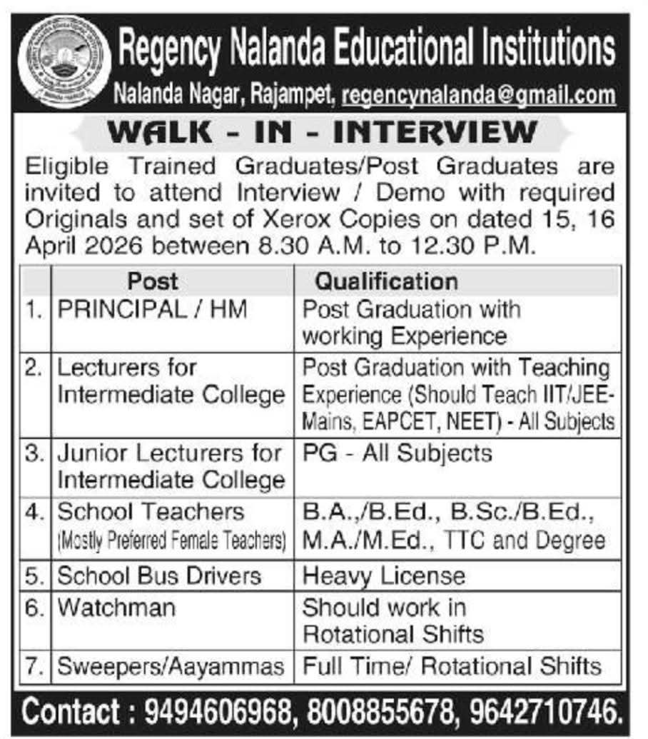 Hiring At Regency Nalanda Educational Institutions