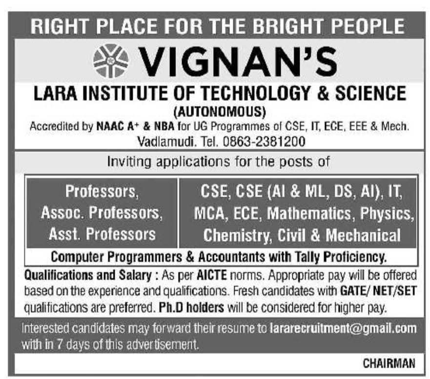 Hiring At Vignan's Lara Institute of Technology & Science