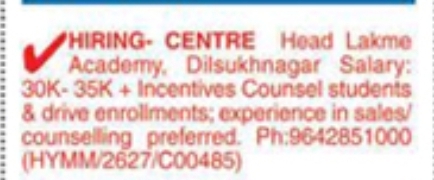 Hiring Centre Head At Lakme Academy