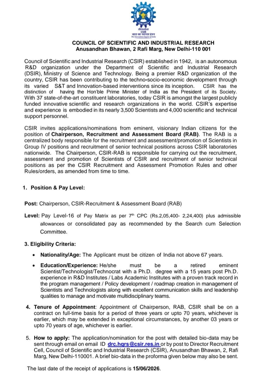 Hiring: Chairperson at CSIR-Recruitment & Assessment Board