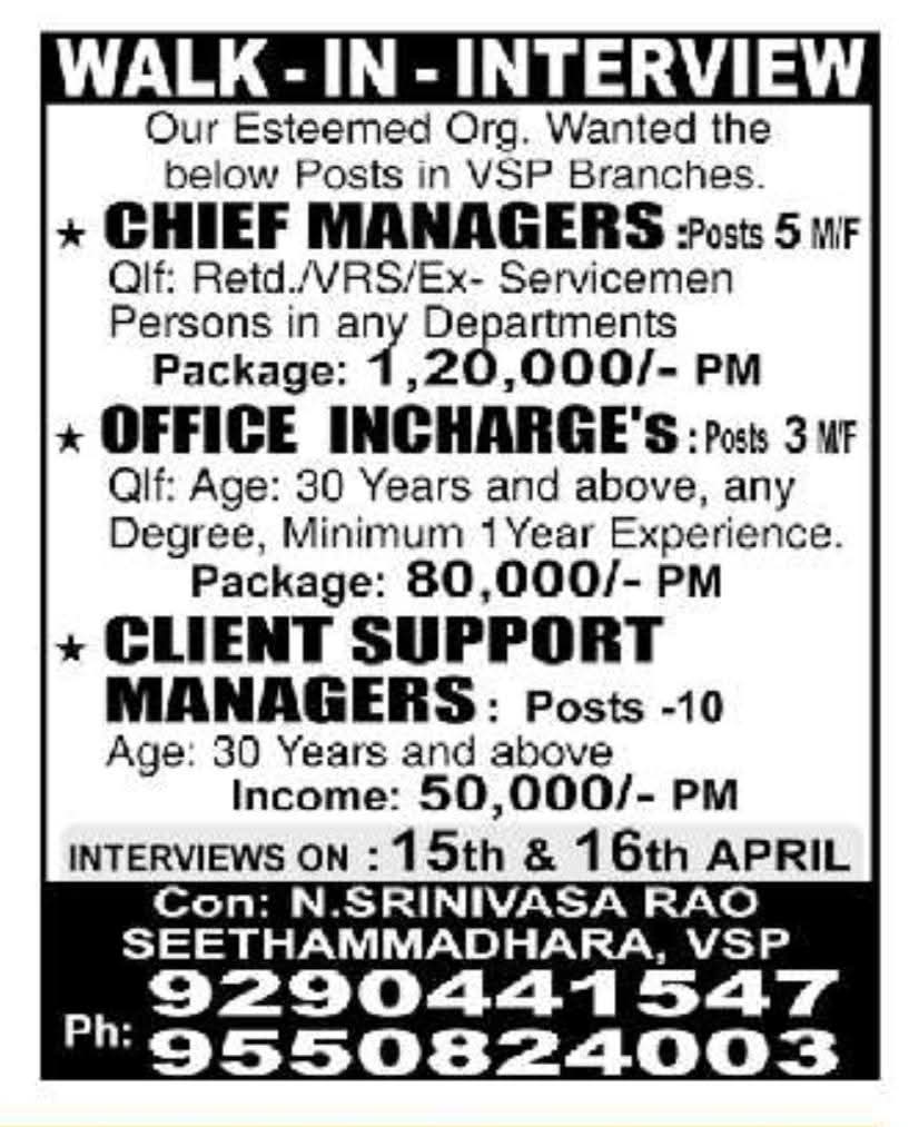 Hiring Chief Managers, Office Incharges & Client Support Managers