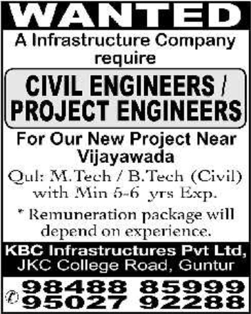 Hiring: Civil & Project Engineers at KBC Infrastructures