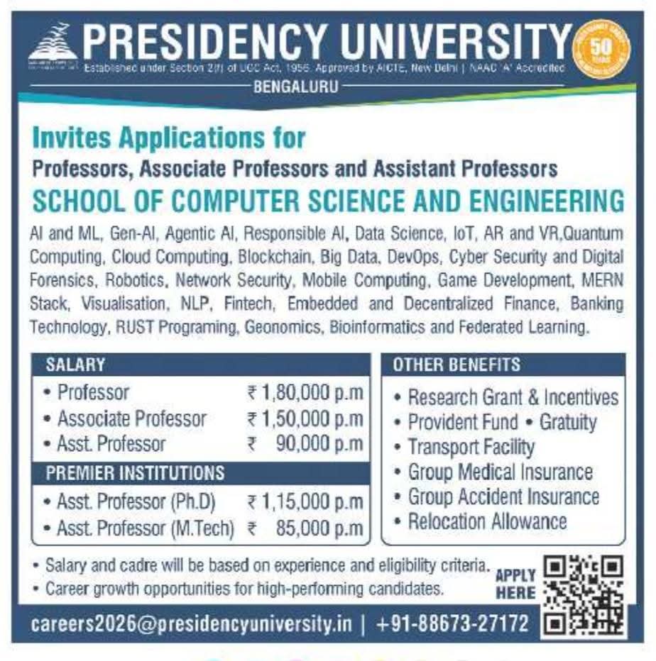 Hiring: CSE Faculty at Presidency University, Bengaluru