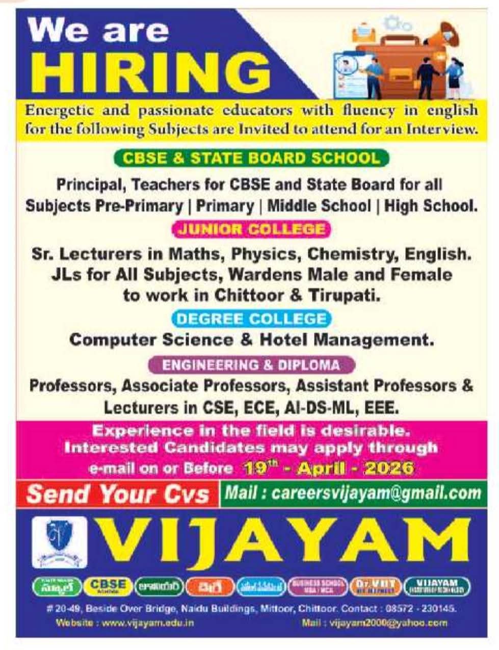 Hiring Educators At Vijayam group of institutions