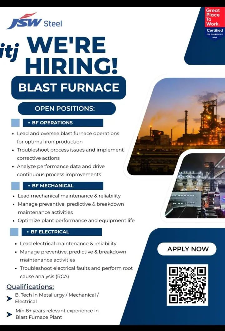 Hiring Engineers for Blast Furnace Operations, Mechanical, and Electrical Roles