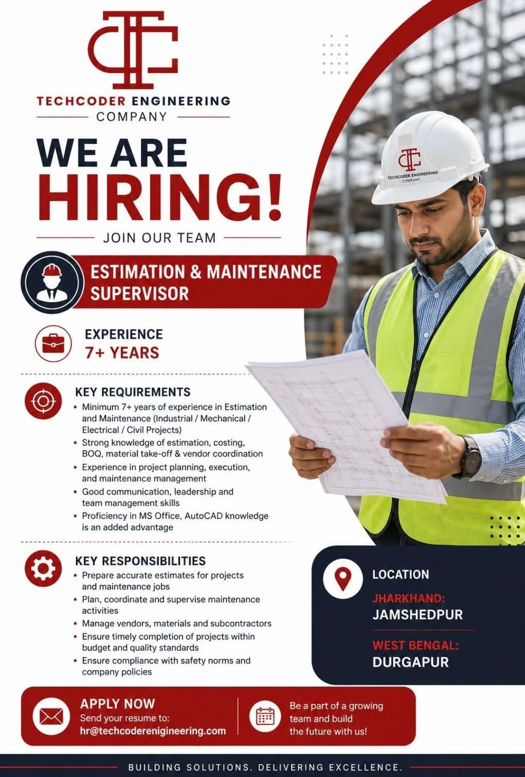 Hiring: Estimation & Maintenance Supervisor at Techcoder Engineering Company