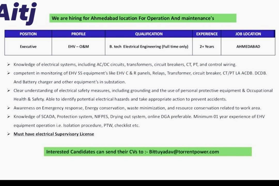 Hiring: Executive for EHV Operation & Maintenance