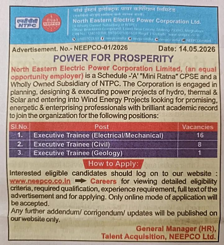 Hiring: Executive Trainees at NEEPCO Ltd.