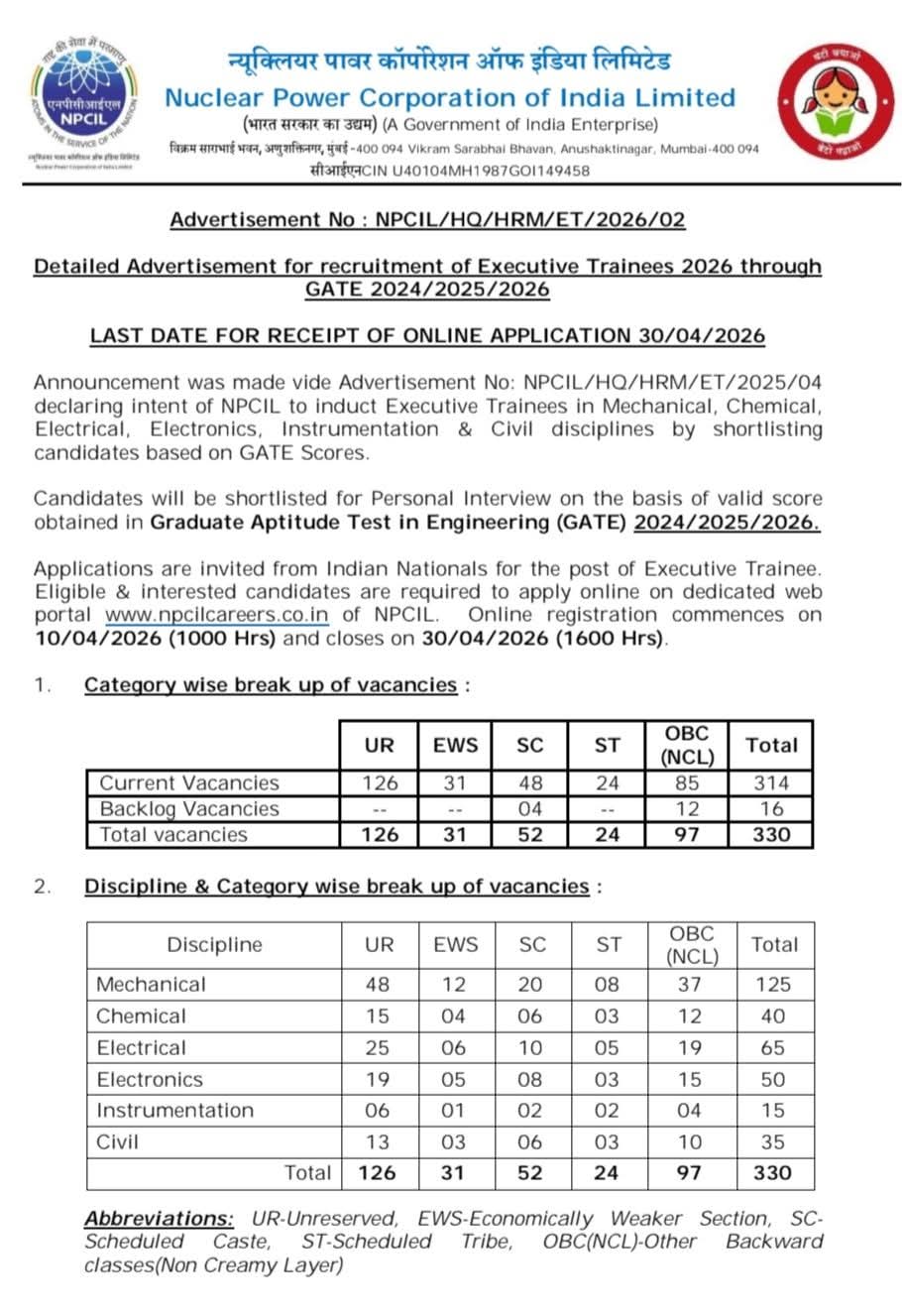 Hiring Executive Trainees At NPCIL