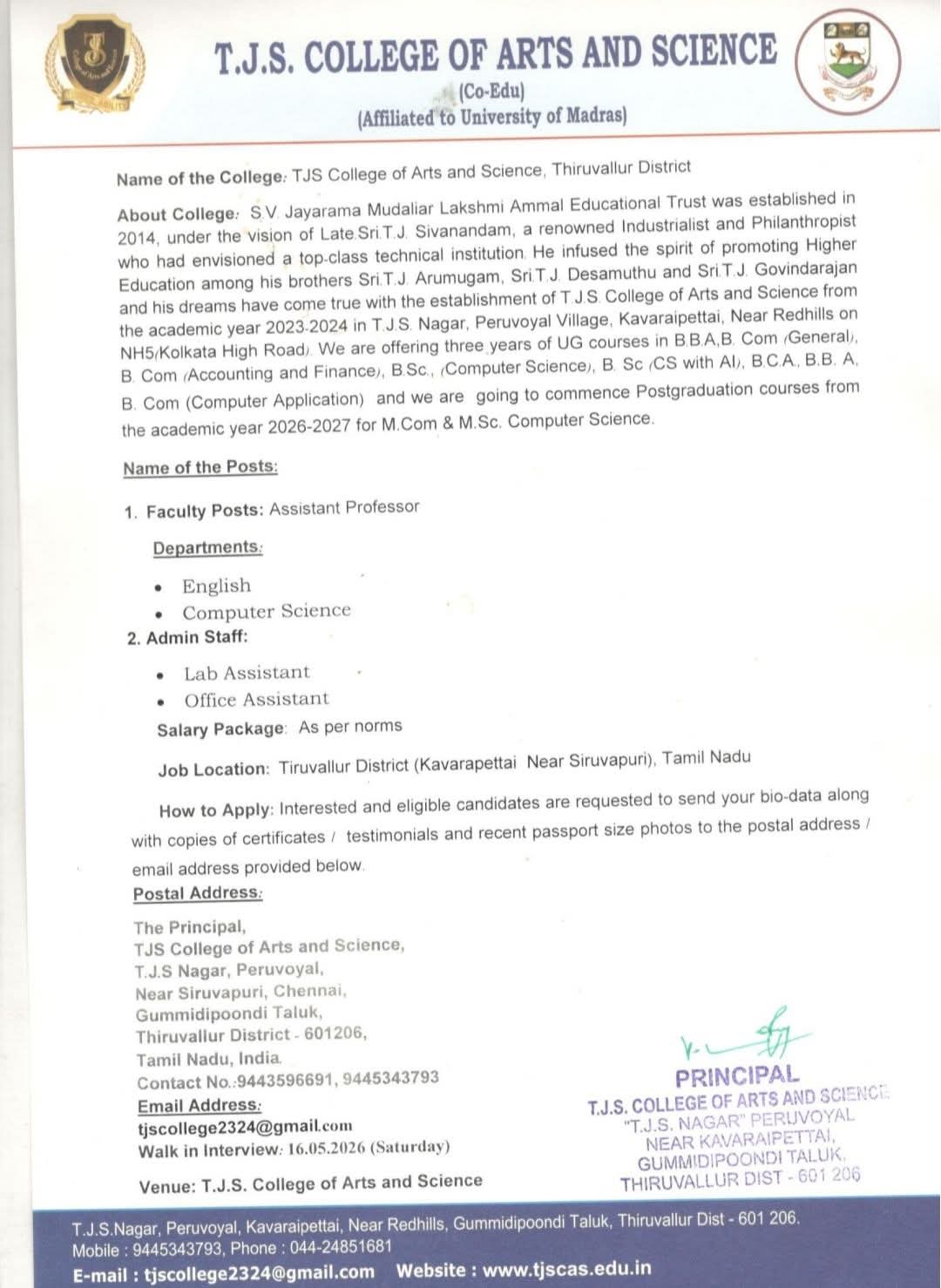 Hiring Faculty & Admin Staff at T.J.S. College of Arts and Science