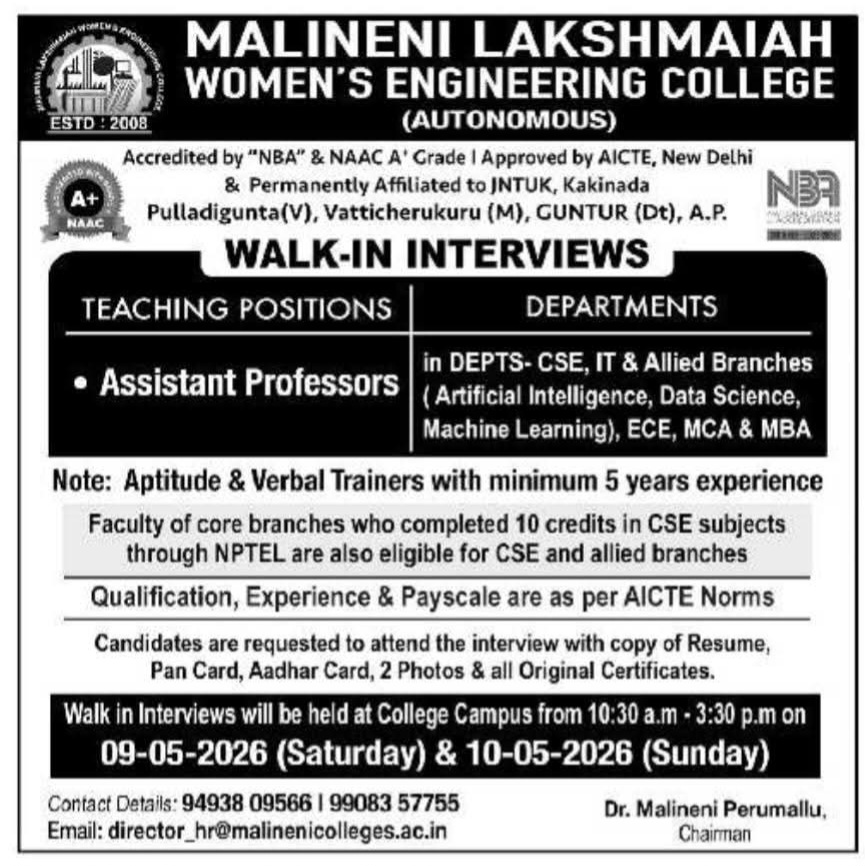 Hiring Faculty and Trainers at Malineni Lakshmaiah Women's Engineering College