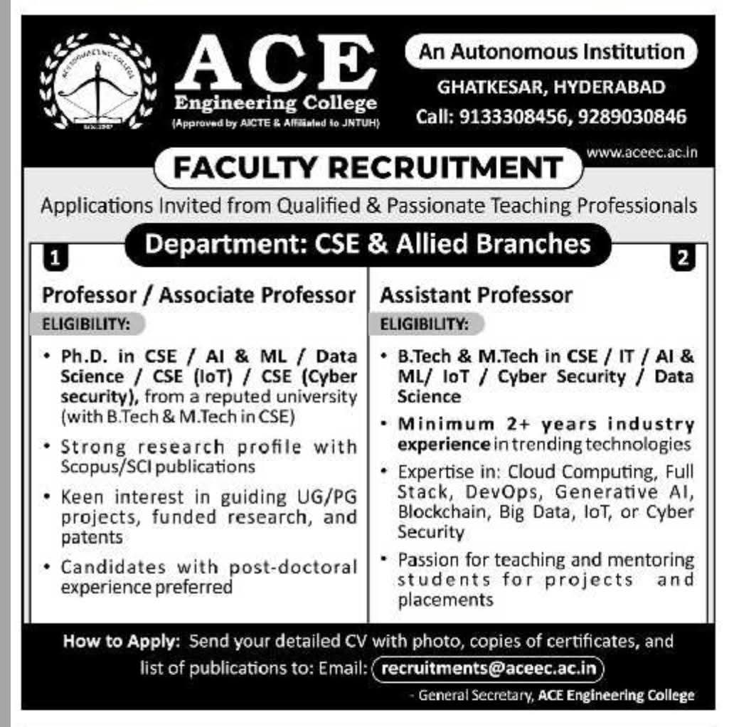 Hiring Faculty at ACE Engineering College