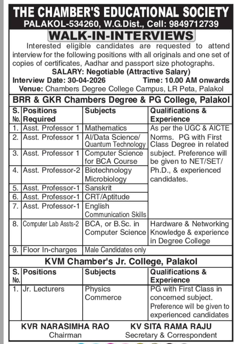 Hiring Faculty at The Chamber's Educational Society