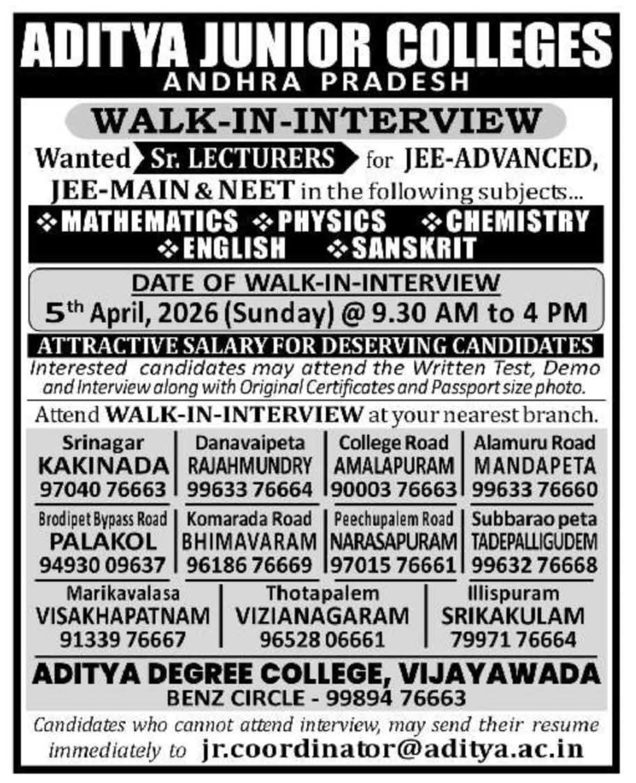 Hiring Faculty For Aditya Junior Colleges