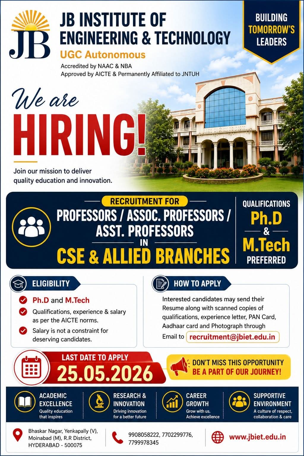 Hiring: Faculty Positions at JB Institute of Engineering & Technology
