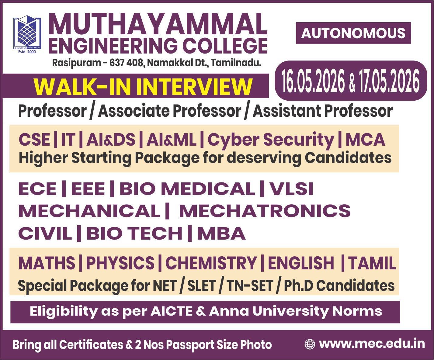Hiring: Faculty Positions at Muthayammal Engineering College