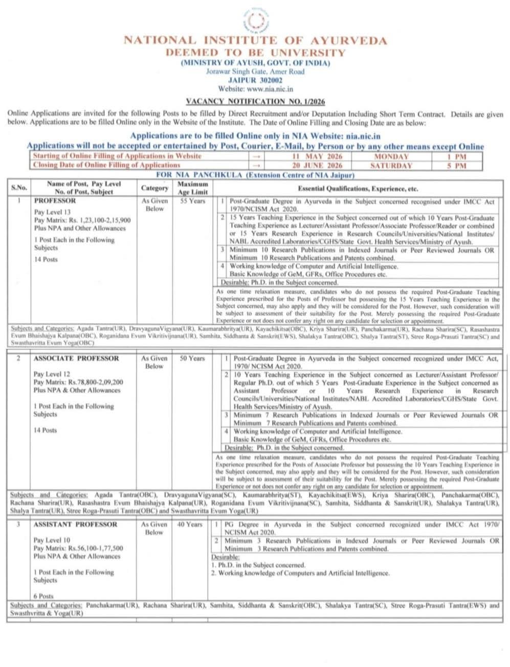 Hiring: Faculty Positions at National Institute of Ayurveda, Jaipur