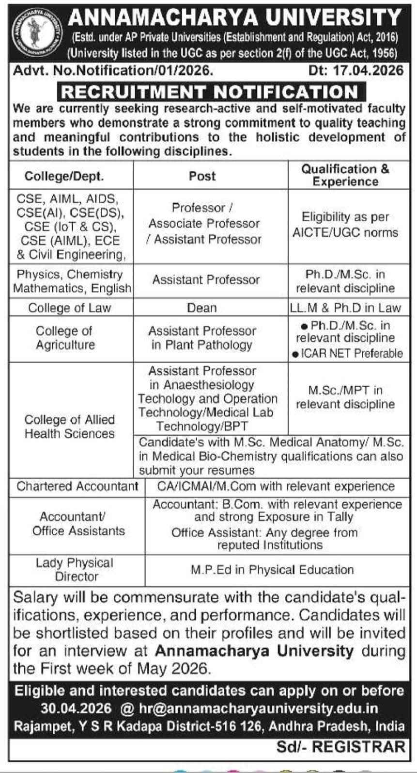 Hiring Faculty & Staff At Annamacharya University