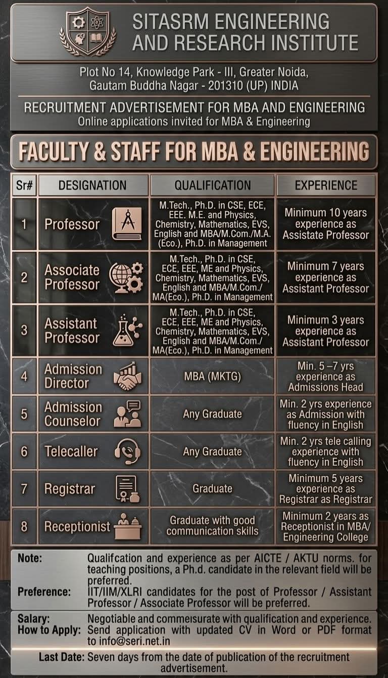 Hiring Faculty & Staff at SITASRM Engineering and Research Institute