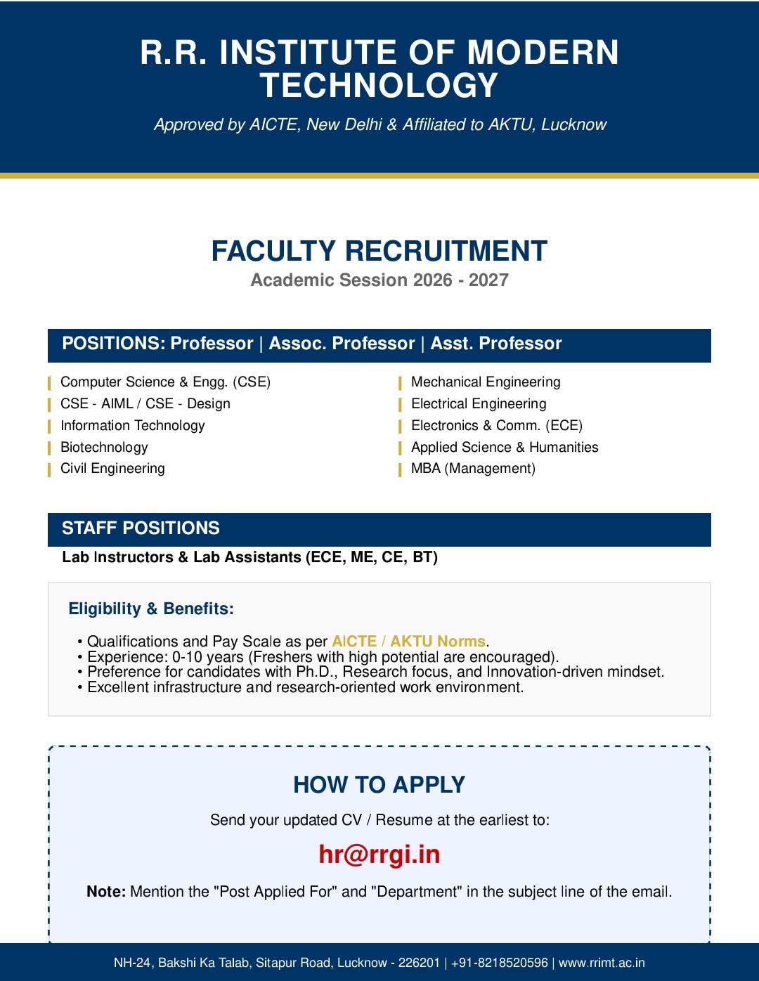 Hiring: Faculty & Staff Positions at RRIMT