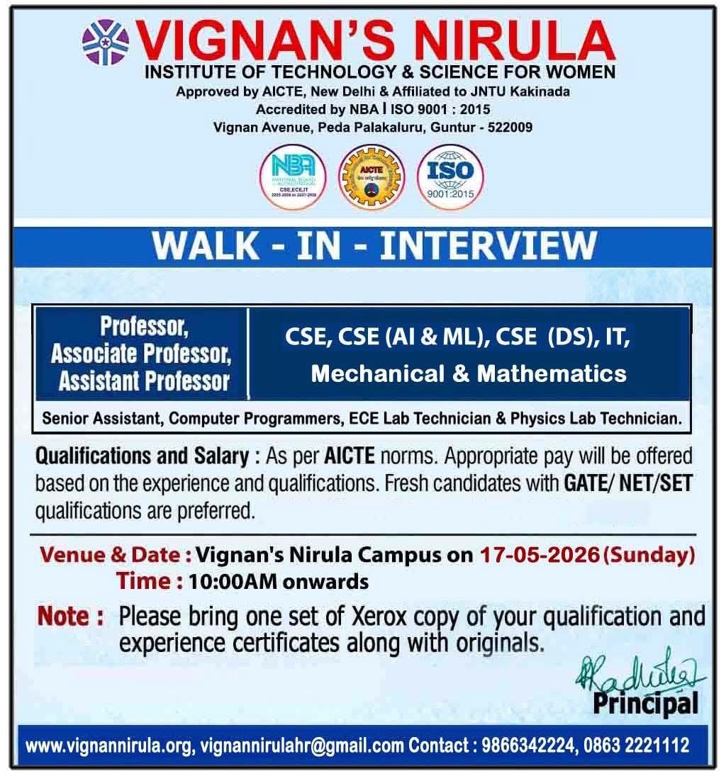 Hiring: Faculty & Technical Roles at Vignan's Nirula