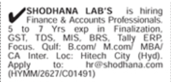 Hiring: Finance & Accounts Professionals