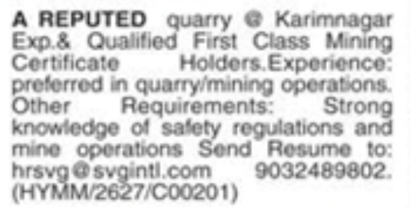 Hiring First Class Mining Certificate holders