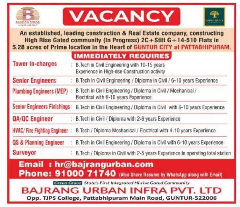 Hiring For Bajrang Urban Infra Pvt. Ltd