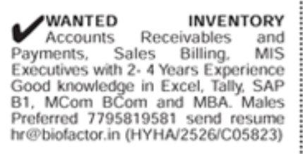 Hiring for Inventory And MIS Executives
