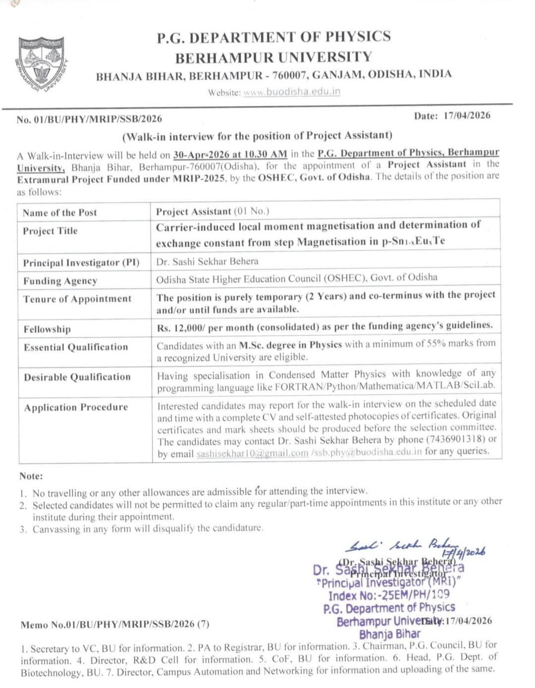 Hiring: Project Assistant Role for P.G. Department of Physics at Berhampur University