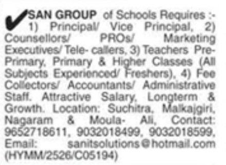 Hiring For SAN GROUP of Schools