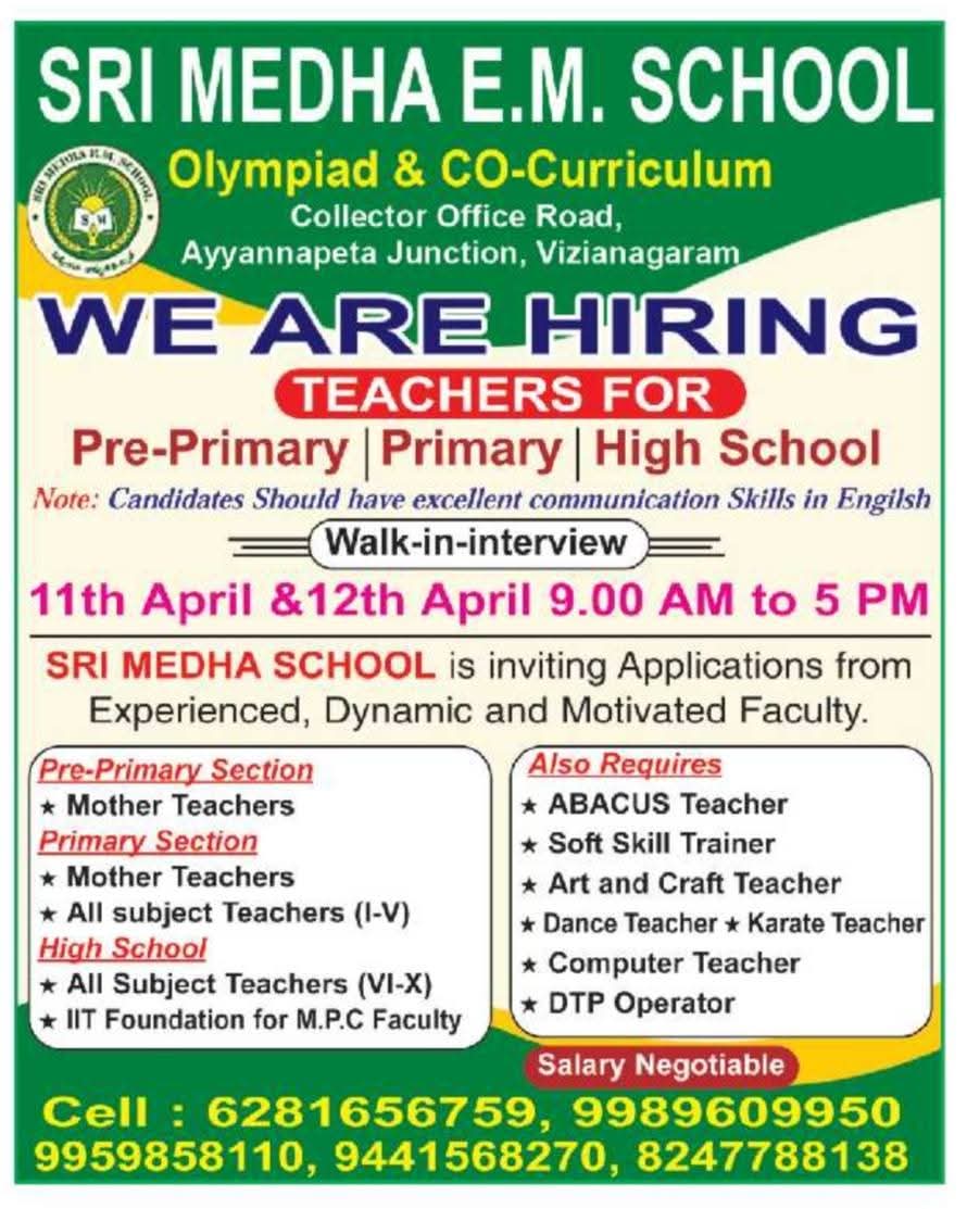 Hiring For Sri Medha E.M. School