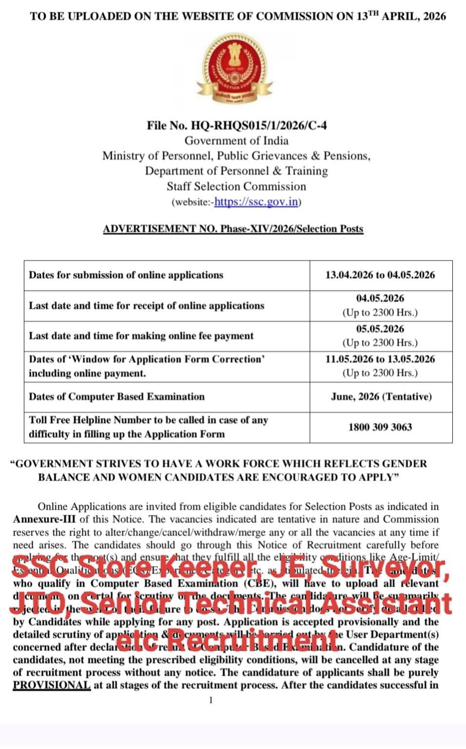 Hiring For Staff Selection Commission (SSC)
