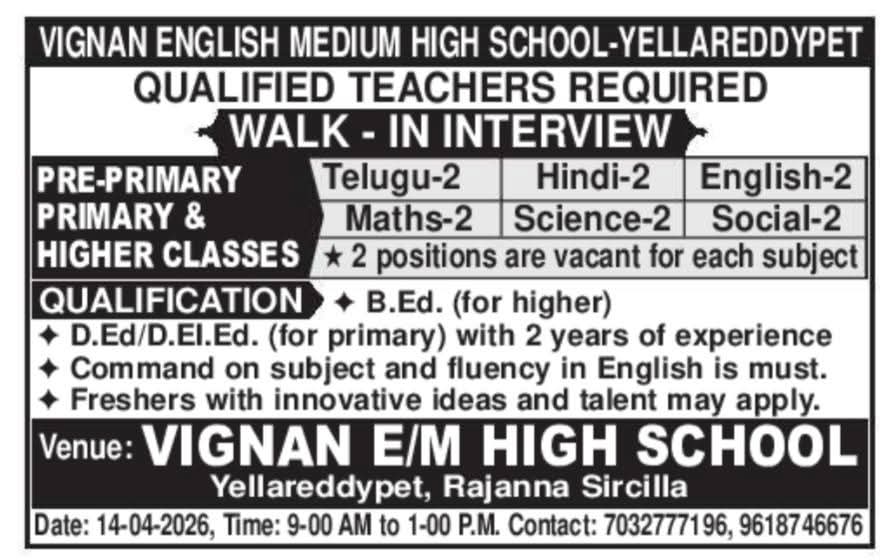 Hiring For Teaching Positions At Vignan English Medium High School