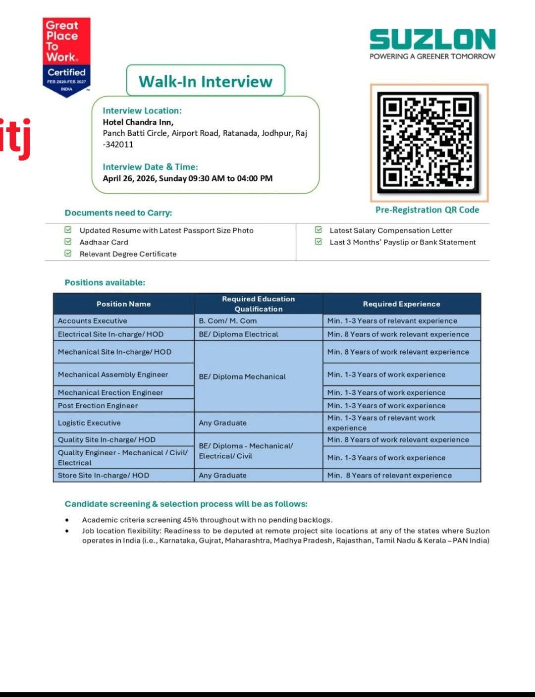 Hiring for Various Engineering, Accounts, and Logistics roles