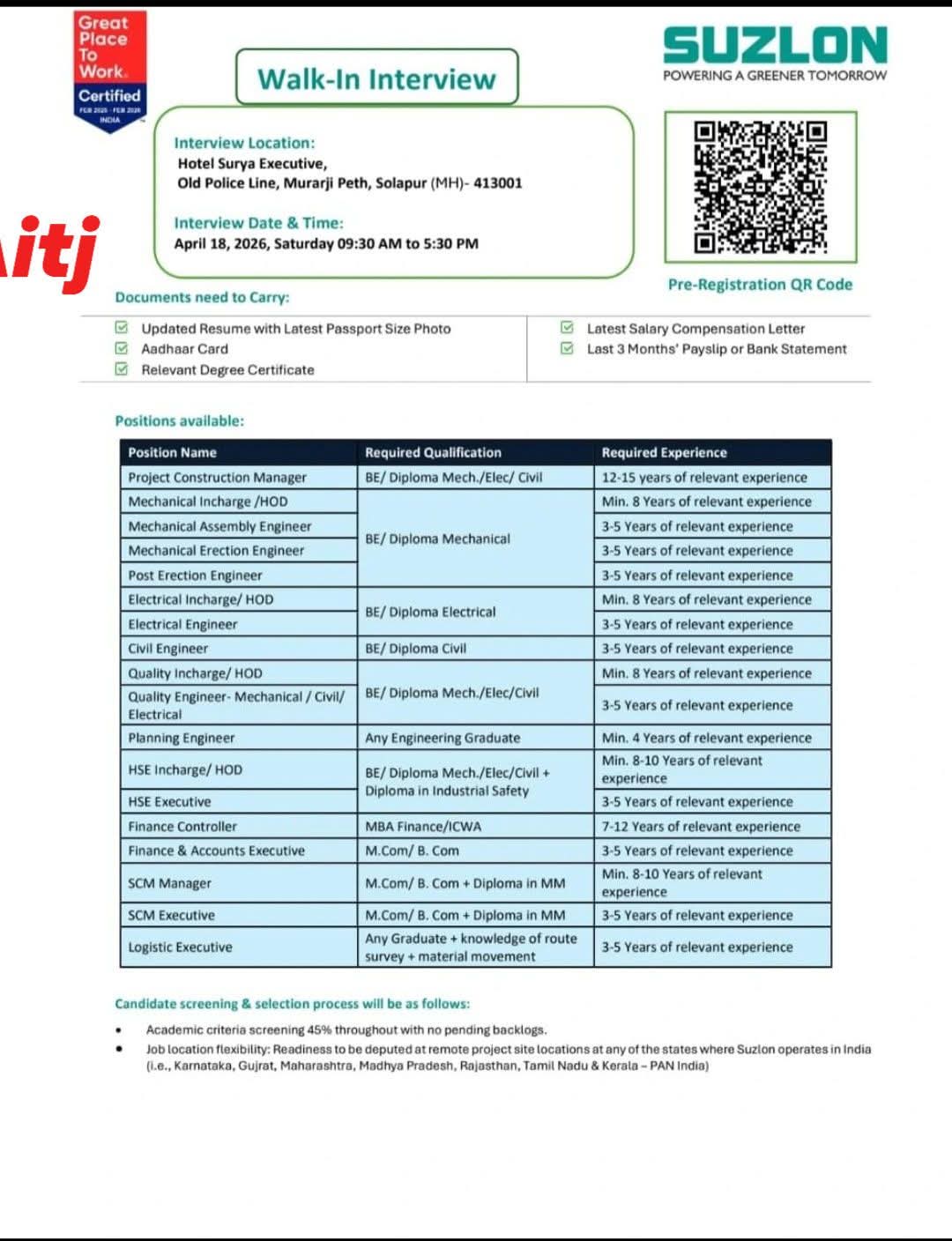 Hiring For Various Engineering, Finance, and Logistics Roles