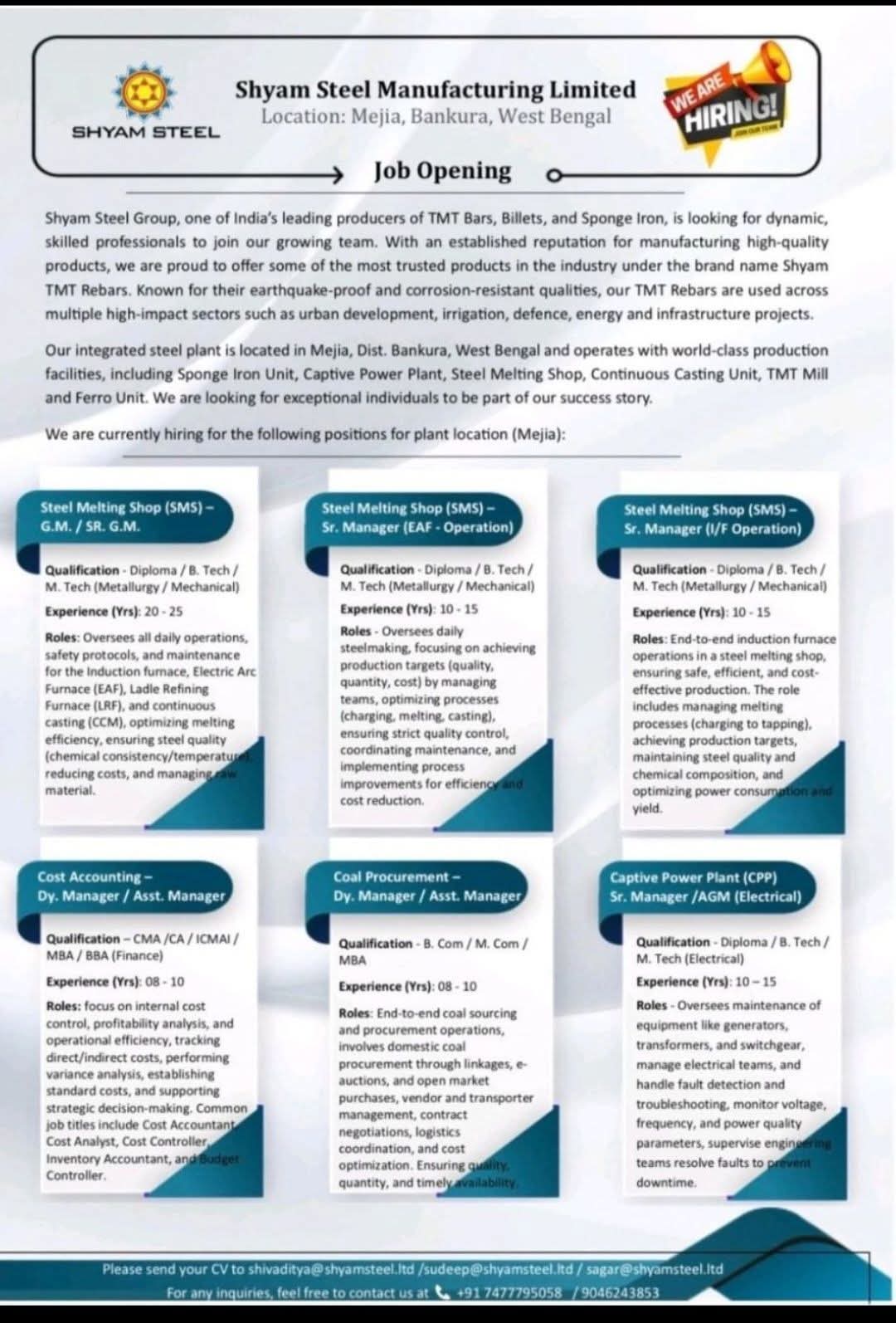 Hiring for Various Managerial and Technical Roles