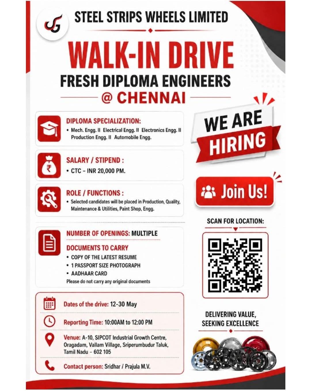 Hiring: Fresh Diploma Engineers at Steel Strips Wheels Limited