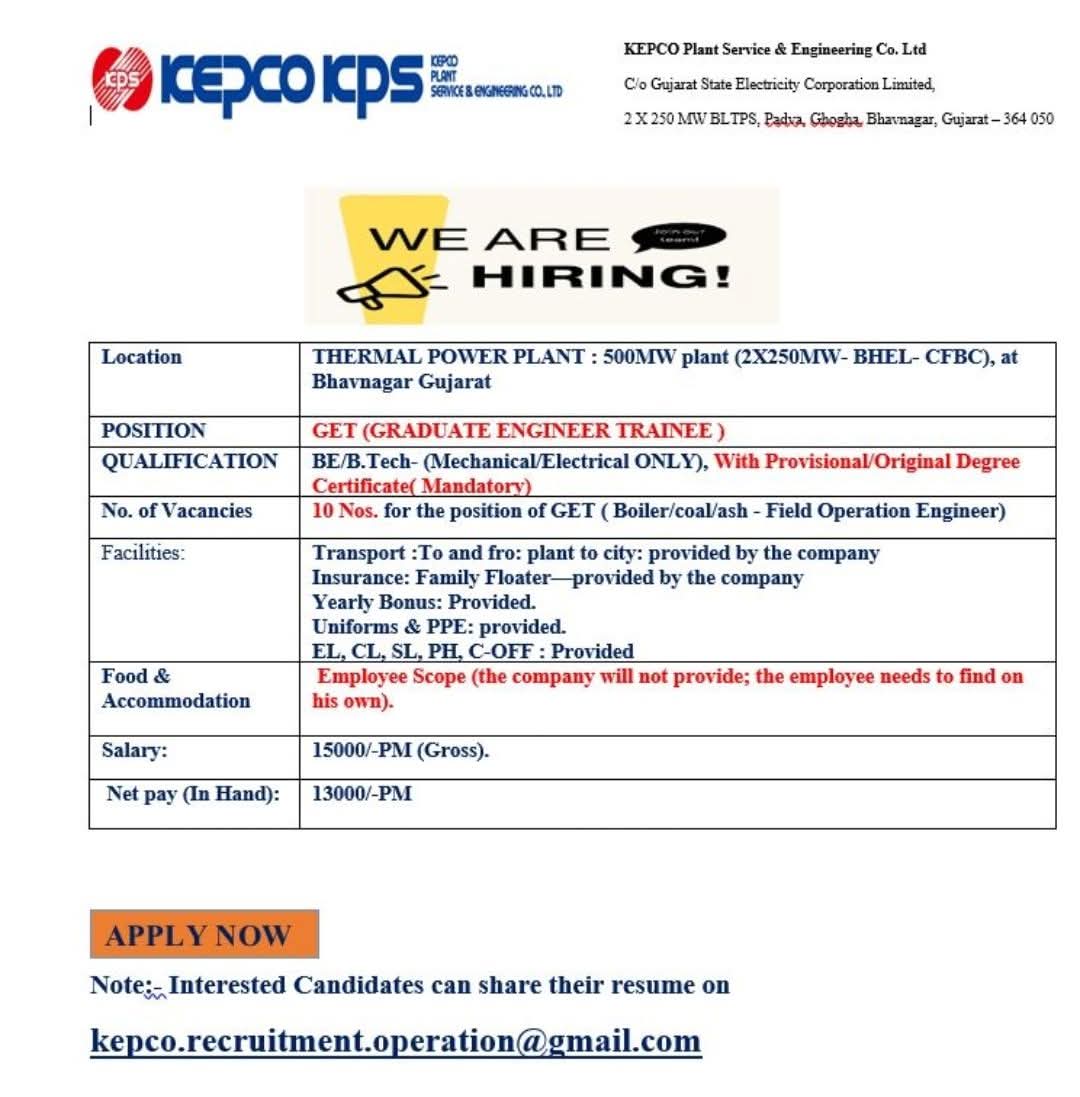 Hiring: Graduate Engineer Trainee at KEPCO Plant Service & Engineering