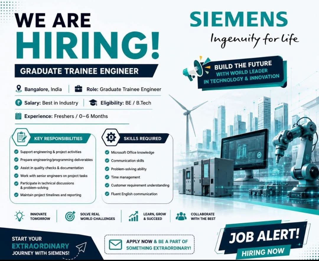 Hiring: Graduate Trainee Engineer at Siemens