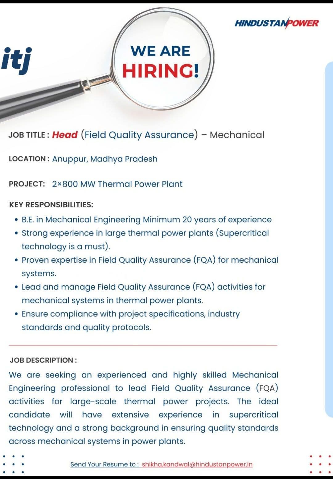 Hiring Head (Field Quality Assurance) - Mechanical