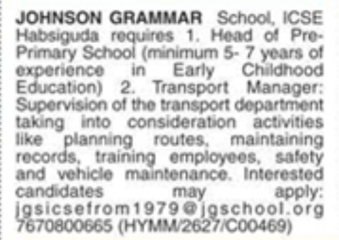 Hiring Head Of Pre-Primary School & Transport Manager
