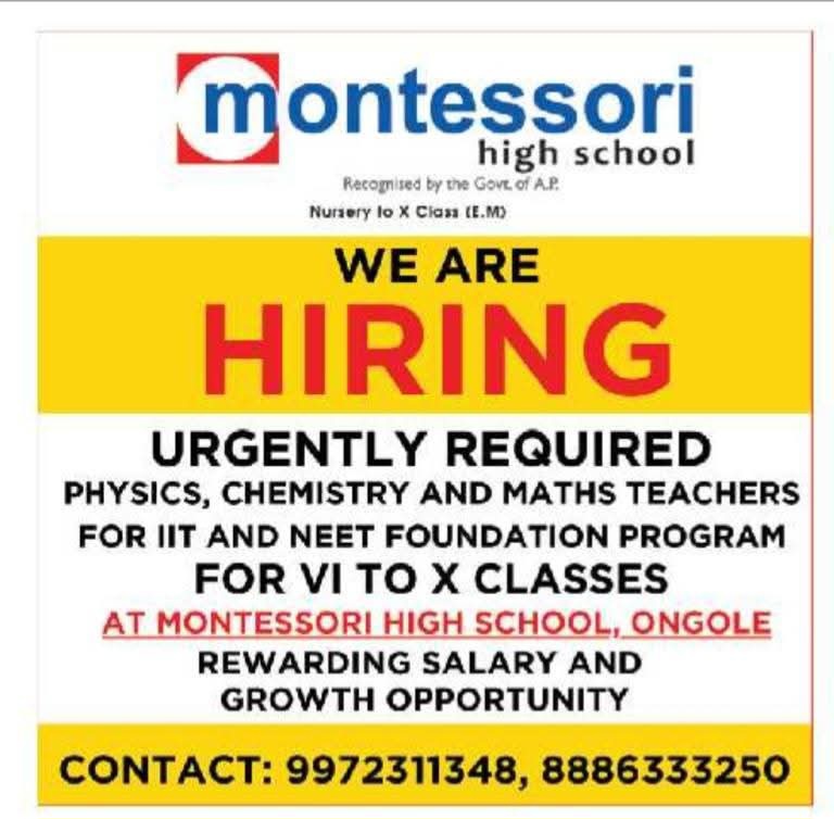 Hiring: IIT & NEET Foundation Teachers at Montessori High School